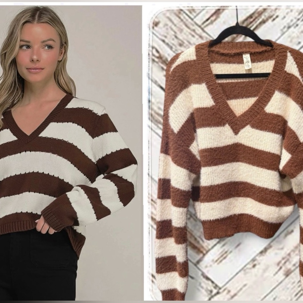 Goldfield by Daisy Brown and Cream  V-Neck Super Soft & Fuzzy Sweater, size L.
